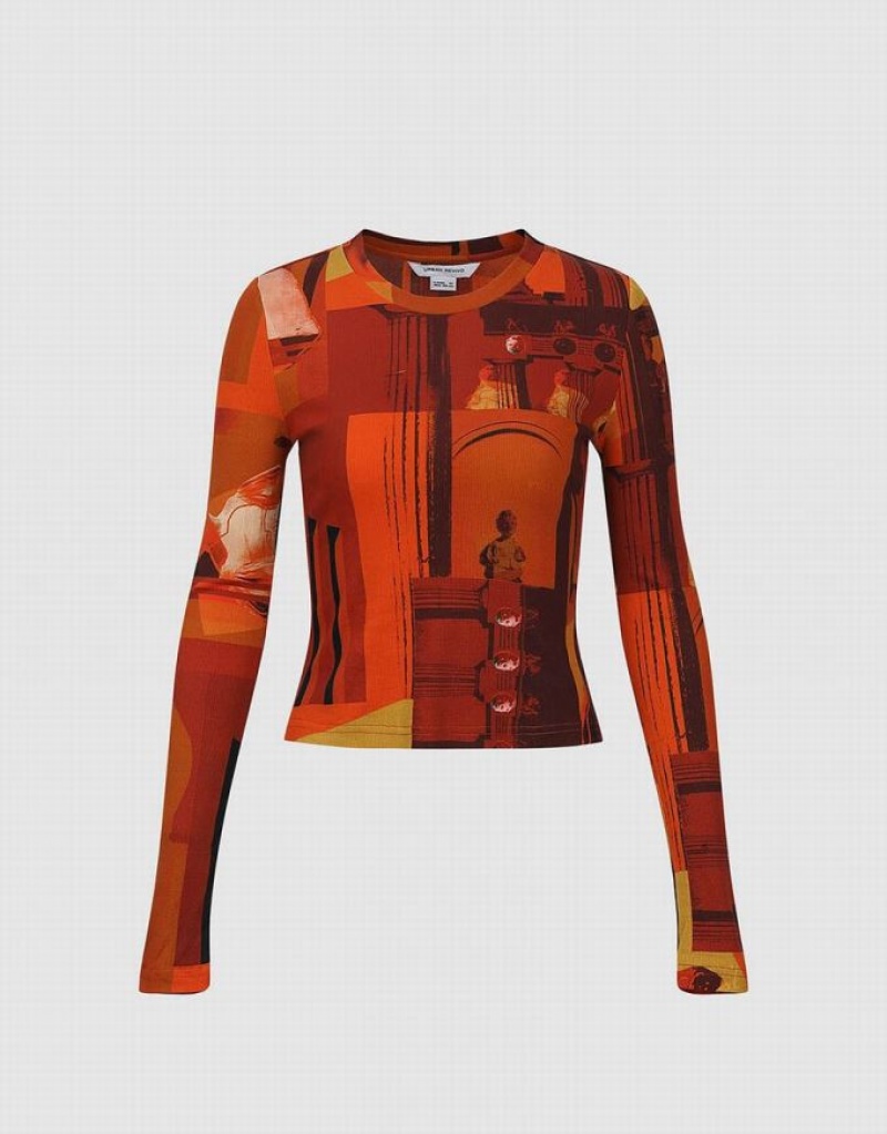 Urban Revivo Printed Crew Neck Skinny Women's Sweatshirts Orange | BQHXMKC-63