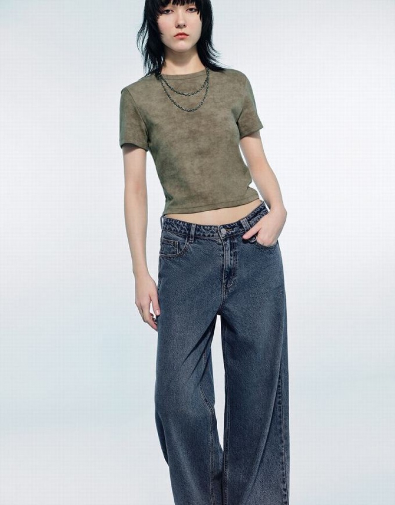 Urban Revivo Printed Crew Neck Skinny Women's T-Shirts Olive | TGXANUW-63