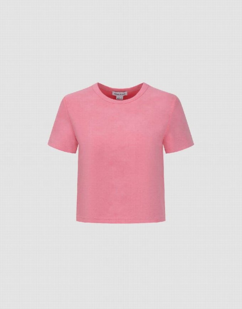 Urban Revivo Printed Crew Neck Skinny Women's T-Shirts Pink | YMANQBV-17