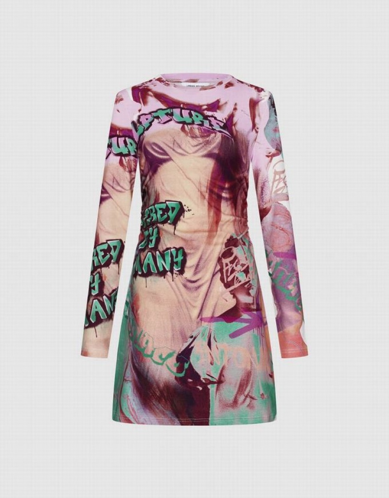 Urban Revivo Printed Crew Neck Skinny Women's Dress Multicolor | AMQIVFU-53