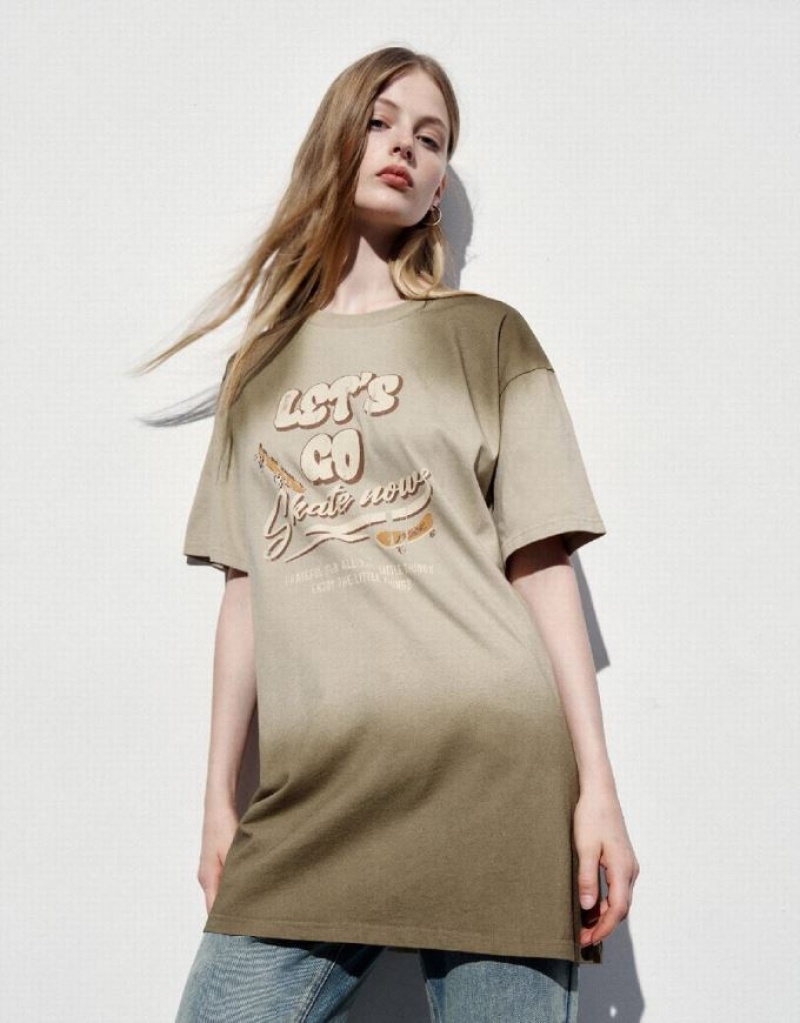 Urban Revivo Printed Crew Neck Straight Women's Dress Khaki | OFVSPQT-73