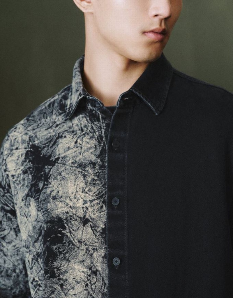 Urban Revivo Printed Loose Denim Men's Shirts Black | AOERNVB-41