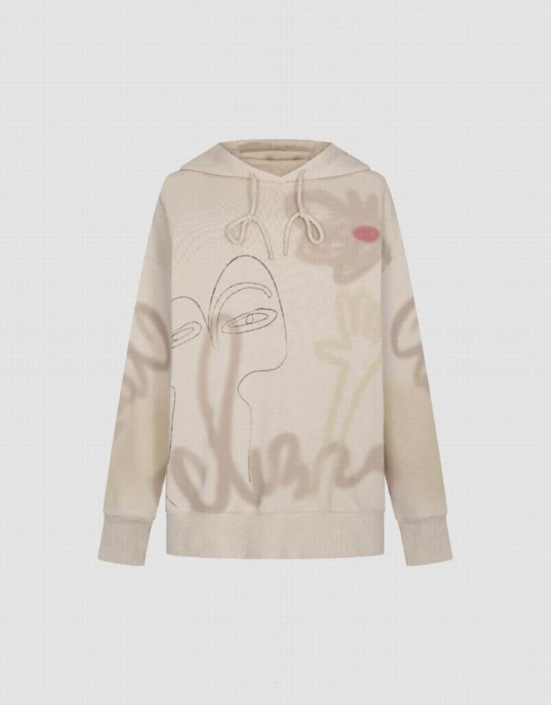 Urban Revivo Printed Loose Women's Hoodie Khaki | OHWKSEV-17