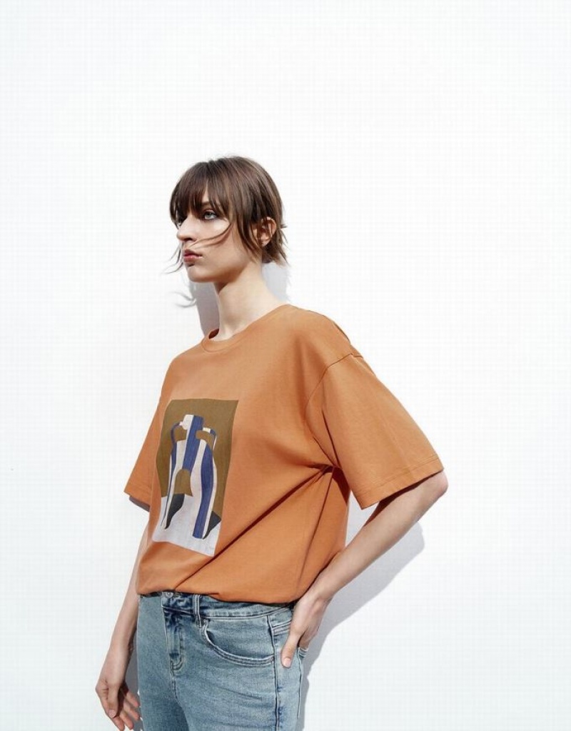 Urban Revivo Printed Loose Women's T-Shirts Orange | RIMKGHV-80