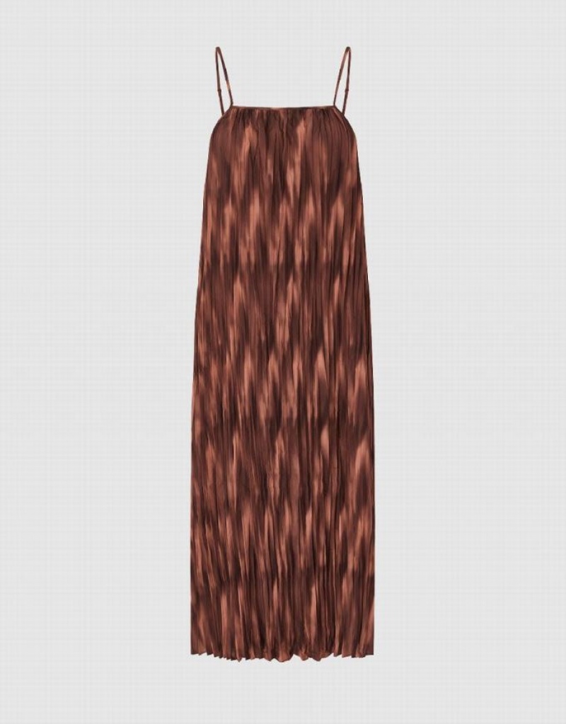 Urban Revivo Printed Off-Shoulder Cami A-Line Women's Dress Brown | TYSIWLC-27