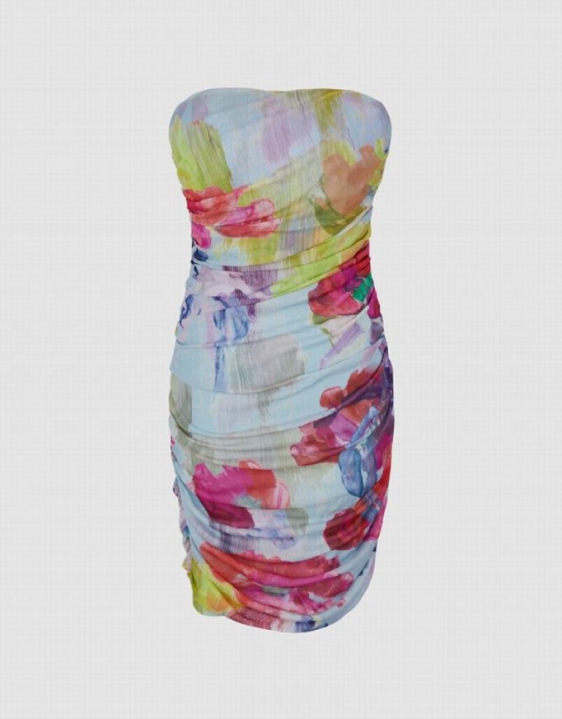 Urban Revivo Printed Off-Shoulder Skinny Women's Dress Multicolor | IWSROQV-27