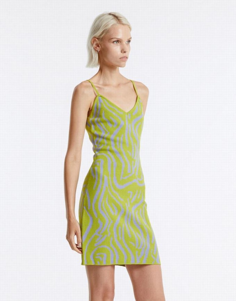 Urban Revivo Printed Women's Knitted Dress Green | RHFQBOX-87