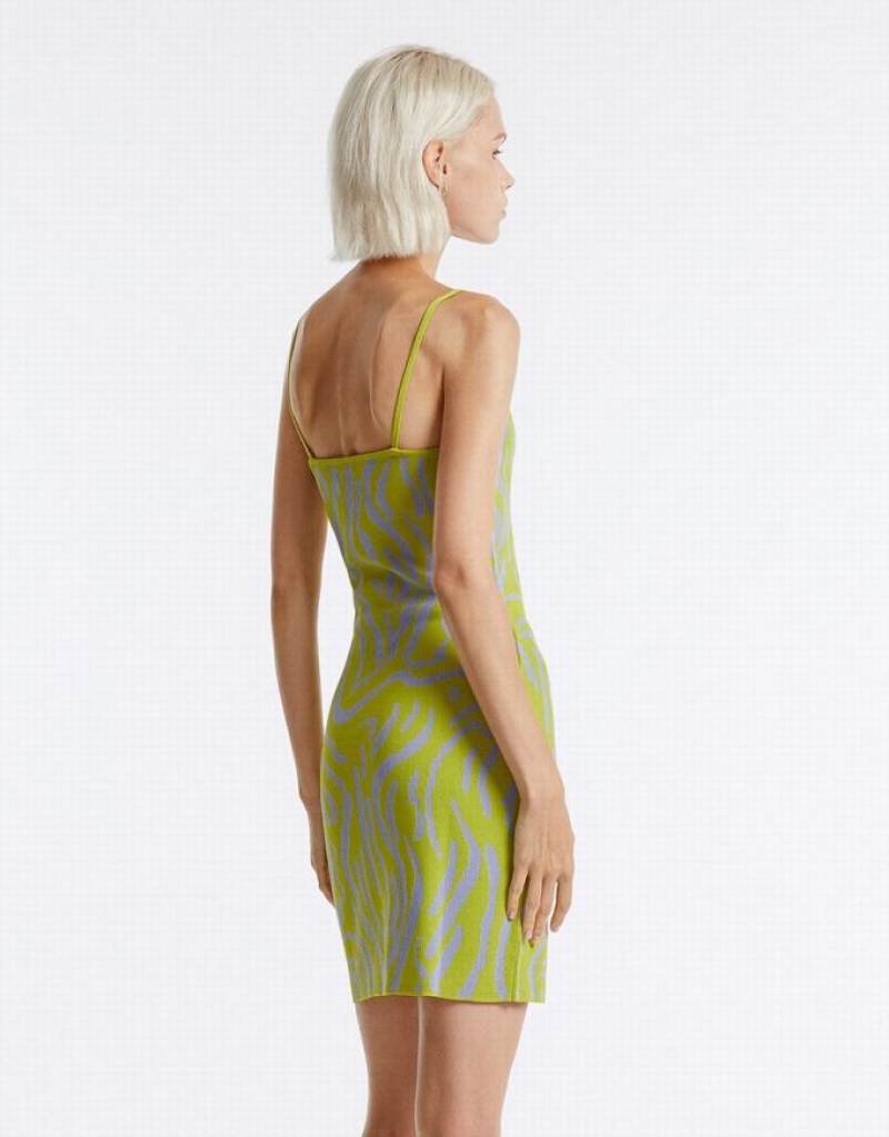 Urban Revivo Printed Women's Knitted Dress Green | RHFQBOX-87