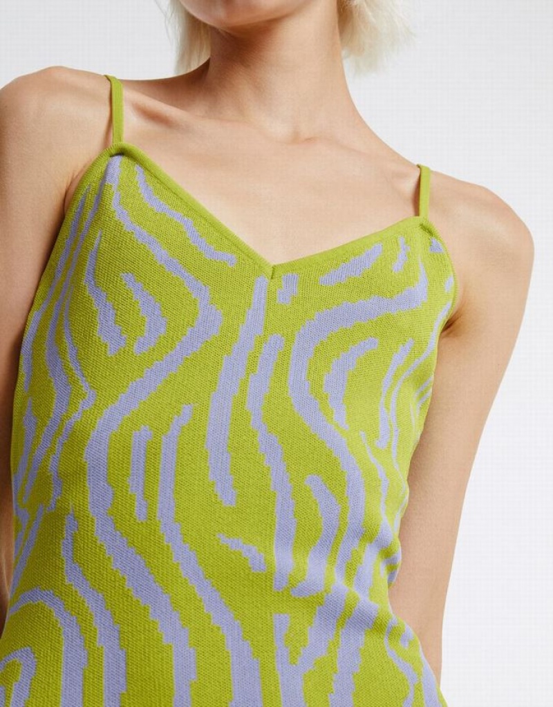 Urban Revivo Printed Women's Knitted Dress Green | RHFQBOX-87