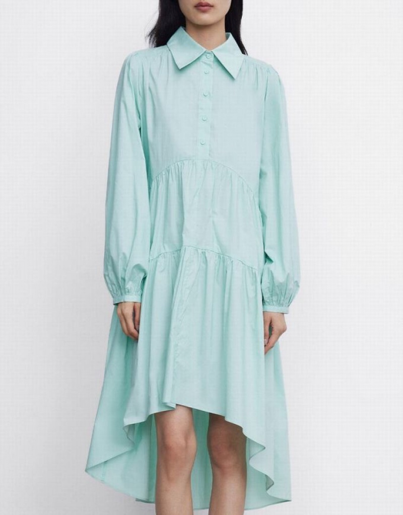 Urban Revivo Puff Sleeve Asymmetrical Hem Women's Shirt Dress Green | VRJGUCA-80