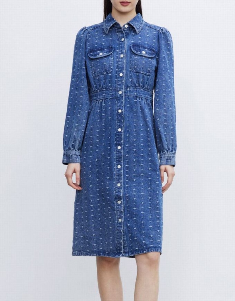 Urban Revivo Puff Sleeve Button Up Women's Denim Dress Blue | PXRMCGZ-69