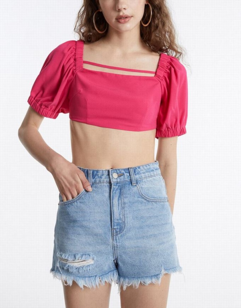 Urban Revivo Puff Sleeve Crop Women's T-Shirts Pink | LODKHFC-09