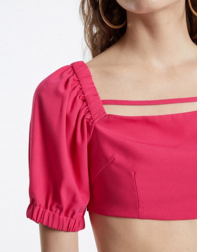 Urban Revivo Puff Sleeve Crop Women's T-Shirts Pink | LODKHFC-09