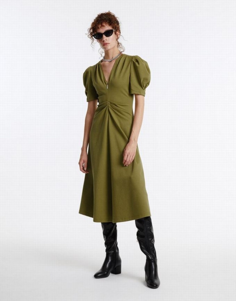 Urban Revivo Puff Sleeve Ruched Women's Casual Dress Green | RUBYIMZ-74