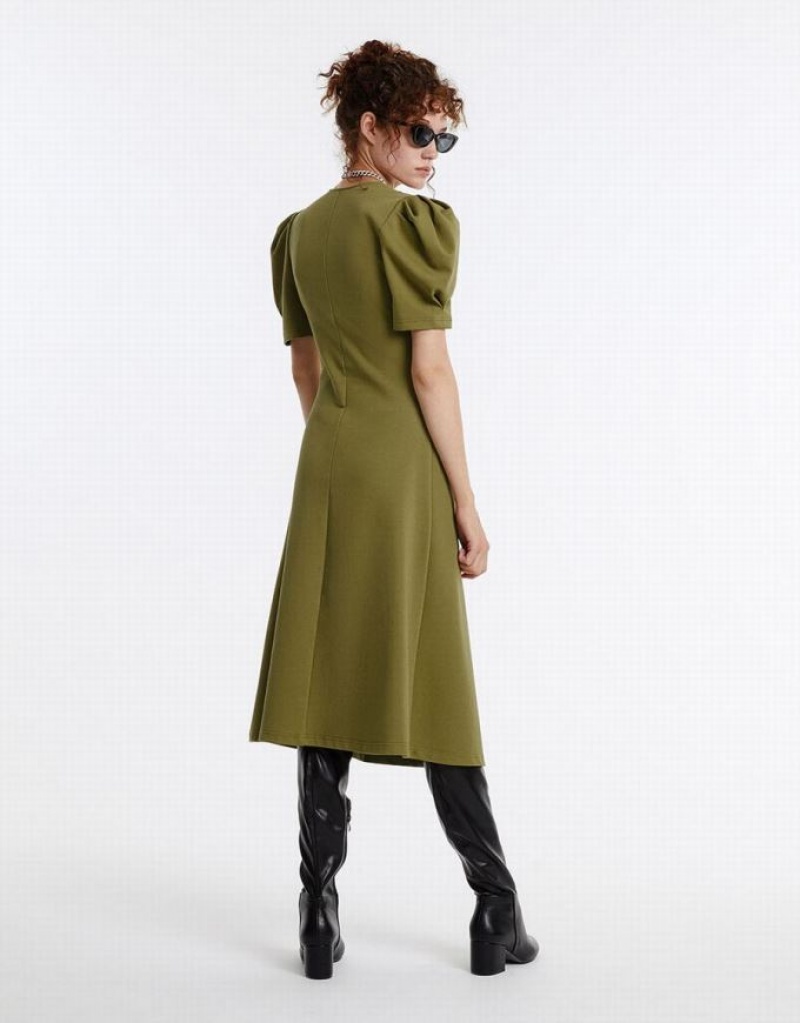 Urban Revivo Puff Sleeve Ruched Women's Casual Dress Green | RUBYIMZ-74