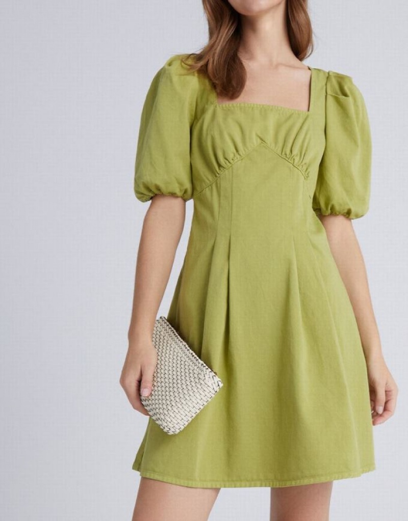 Urban Revivo Puff Sleeve Square Neck Women's Denim Dress Green | ESPZHKY-04