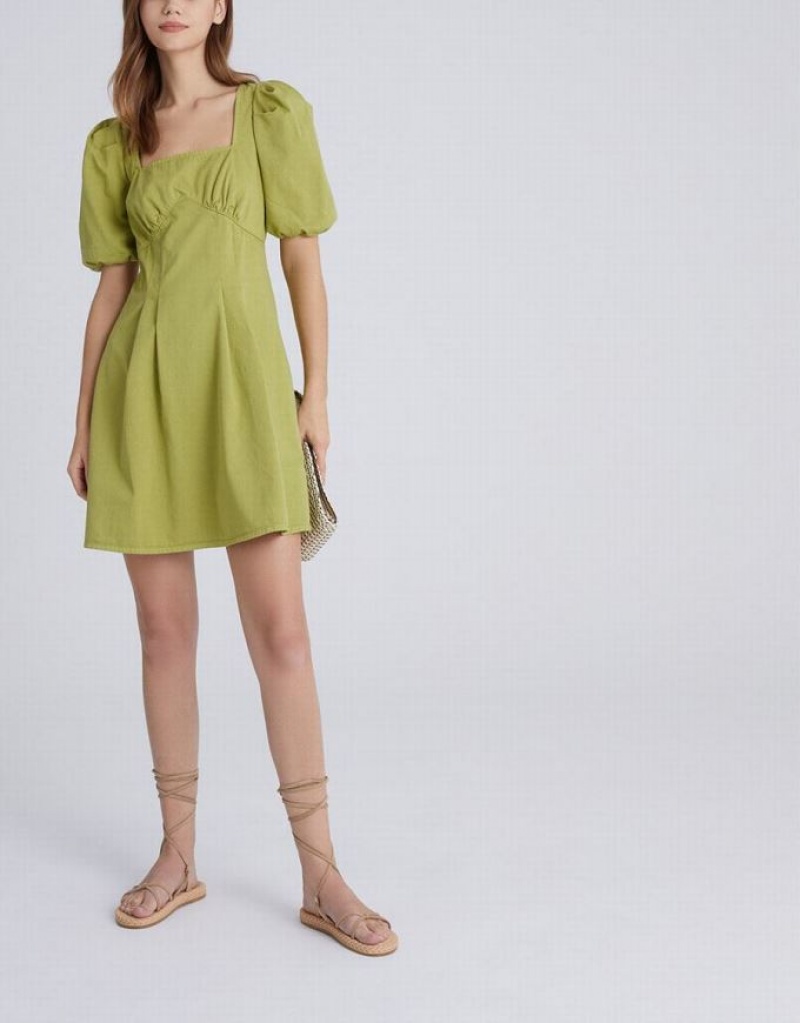 Urban Revivo Puff Sleeve Square Neck Women's Denim Dress Green | ESPZHKY-04