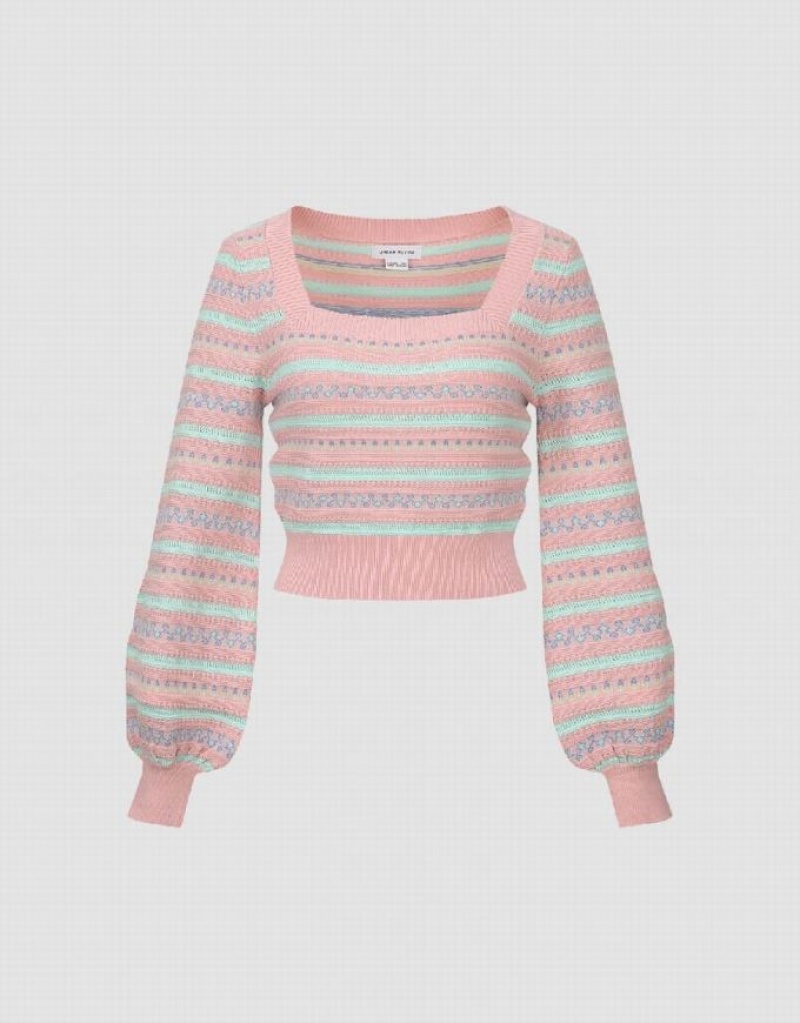 Urban Revivo Puff Sleeve Square-cut Collar Knitted Women's Cardigan Pink | XPHKNUJ-42