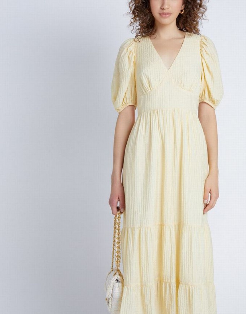 Urban Revivo Puff Sleeve Tiered Midi Women's Midi Dress Yellow | MTLUDQE-62