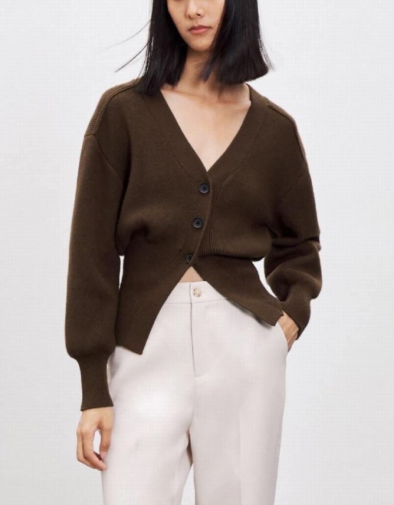 Urban Revivo Puff Sleeve V-Neck Knitted Women's Cardigan Brown | LJONZEW-17