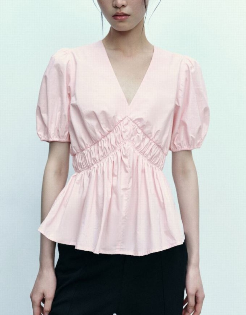 Urban Revivo Puff Sleeve V-Neck Overhead Women's Blouse Pink | NKBTYDM-53