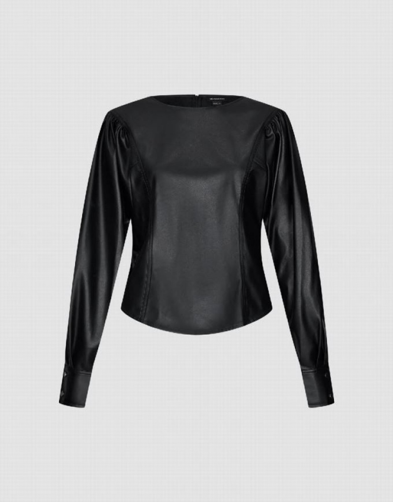 Urban Revivo Puff Sleeve Vegan Leather Overhead Women's Blouse Black | OCKFRAL-73