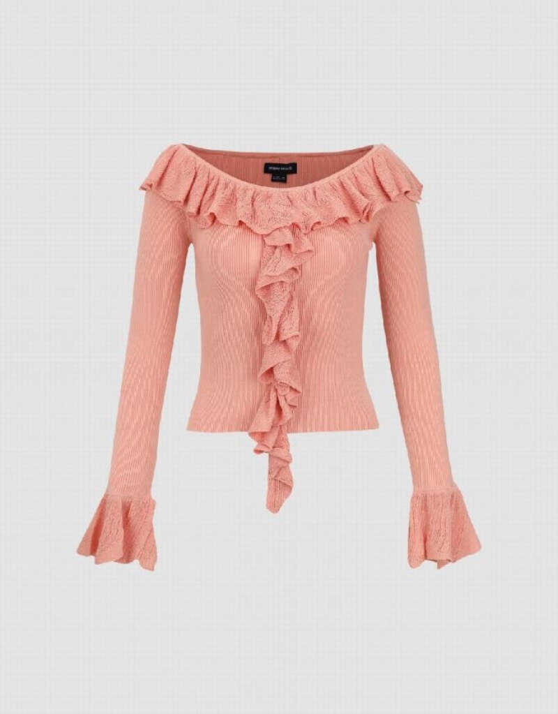 Urban Revivo Raglan Sleeve Ruffle Knitted Women's Cardigan Pink | KFWXNRM-73