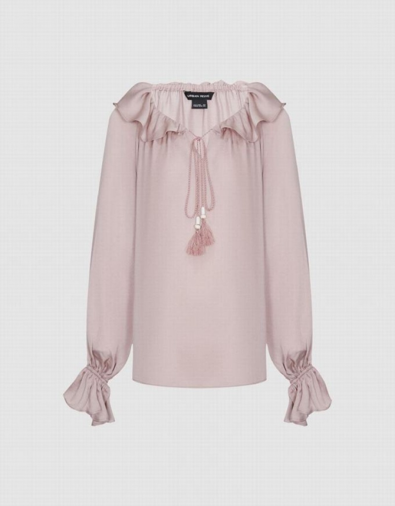 Urban Revivo Raglan Sleeve Ruffle Overhead Women's Blouse Pink | TRZGXYP-58