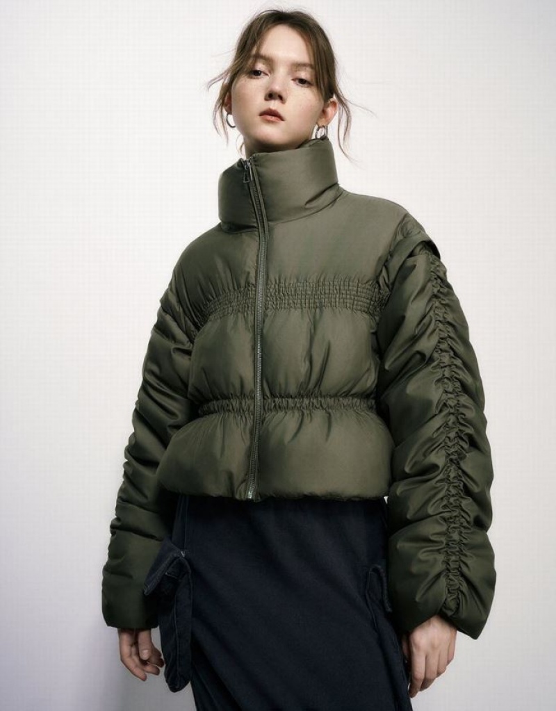 Urban Revivo Raglan Sleeve Stand Collar Women\'s Puffer Jacket Green | JVQXZRP-15