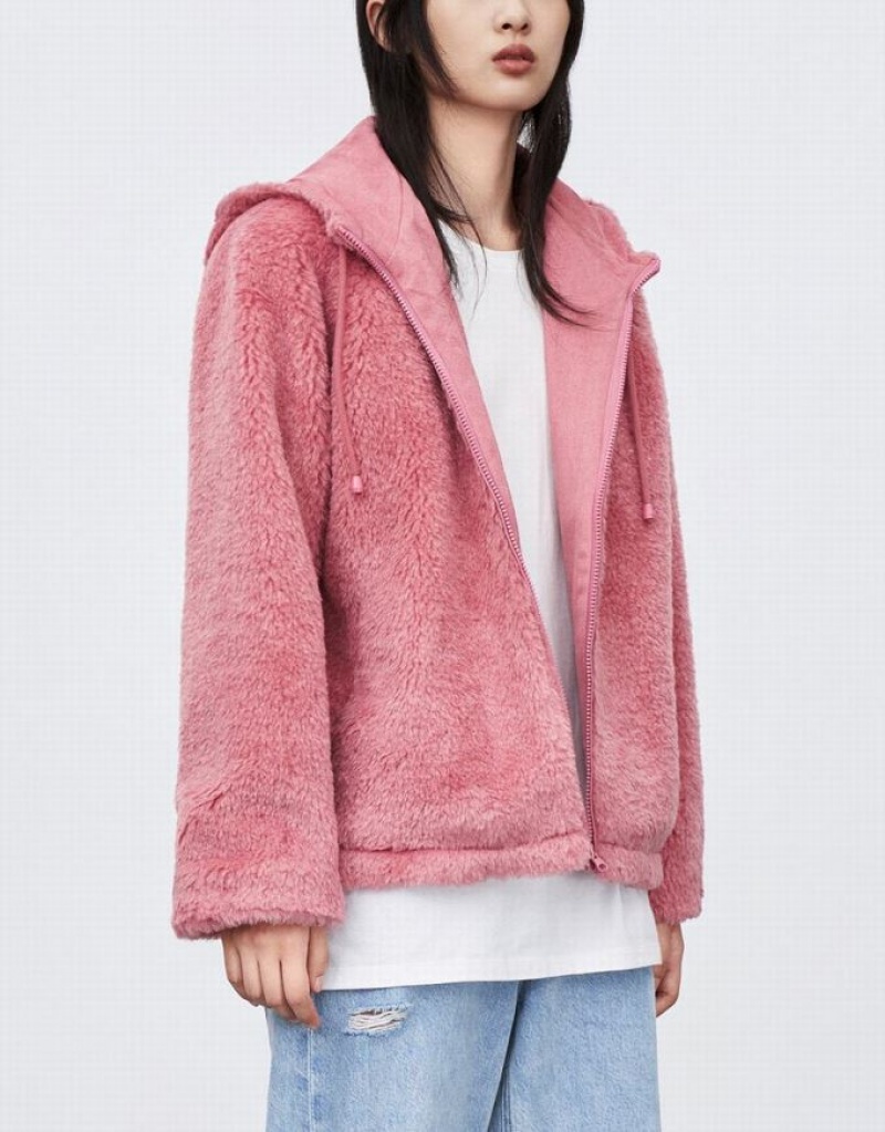 Urban Revivo Raglan Sleeve Zipper Front Furry Women's Jacket Pink | KWCPDYA-19