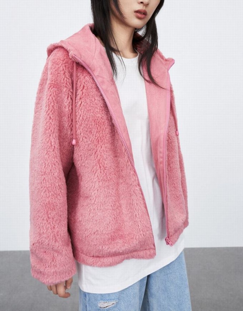 Urban Revivo Raglan Sleeve Zipper Front Furry Women's Jacket Pink | KWCPDYA-19