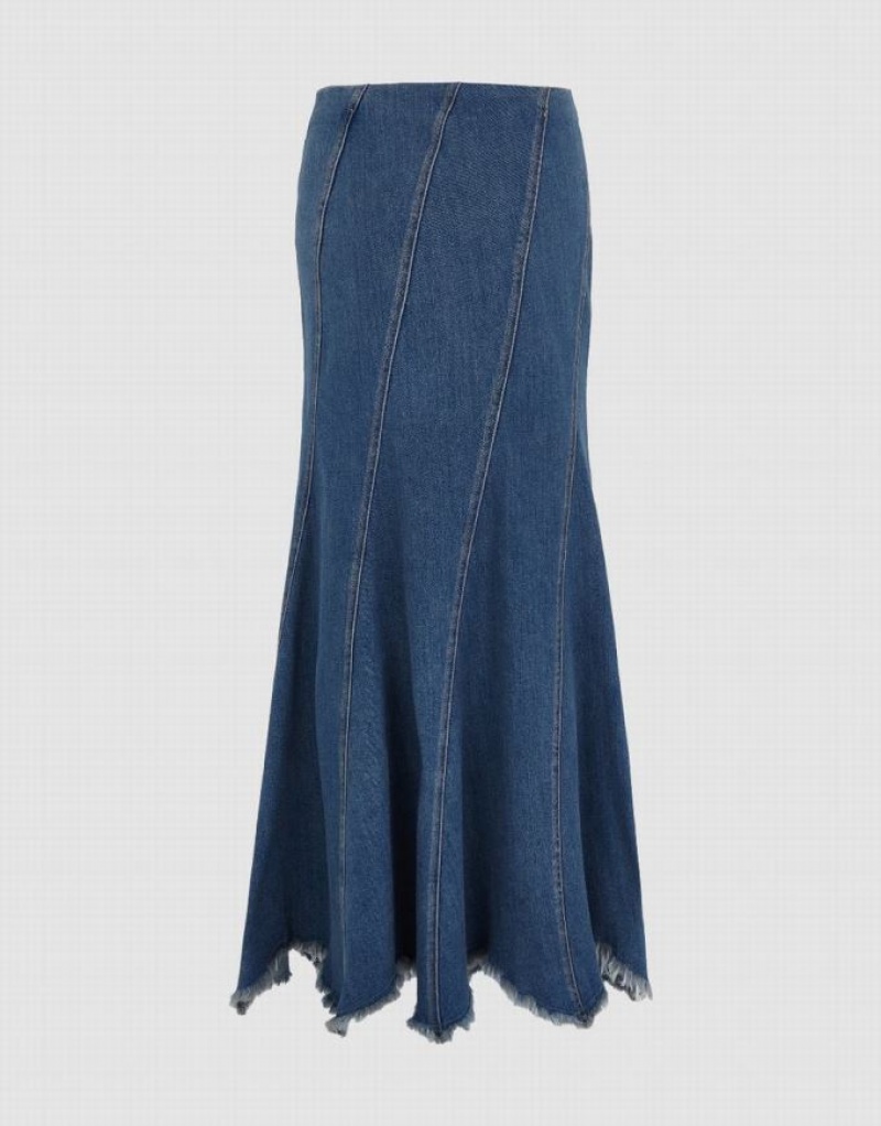 Urban Revivo Raw Hem Fishtail Women's Denim Skirt Blue | MWNPHCI-06