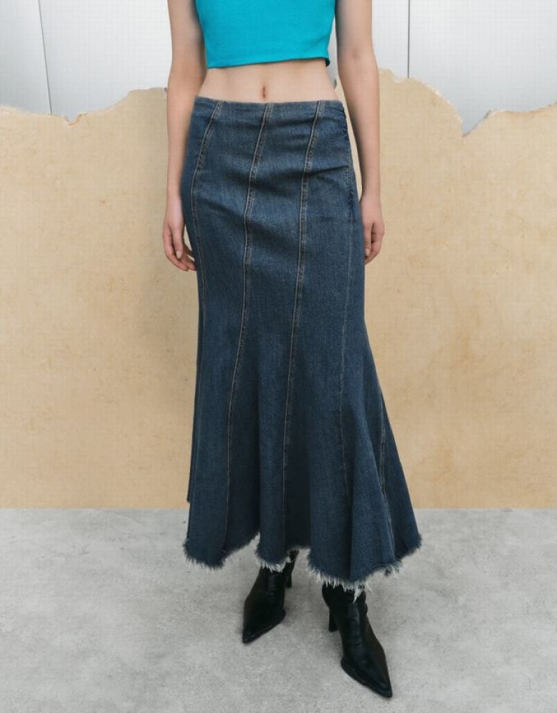 Urban Revivo Raw Hem Fishtail Women's Denim Skirt Blue | MWNPHCI-06