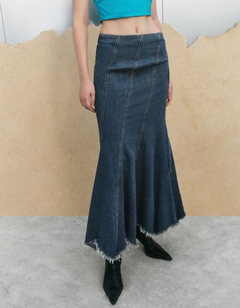 Urban Revivo Raw Hem Fishtail Women's Denim Skirt Blue | MWNPHCI-06