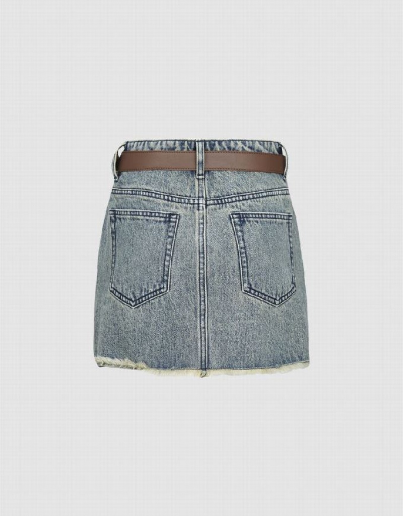 Urban Revivo Raw Hem Mini Women's Denim Skirt Blue | HKAMFPY-62