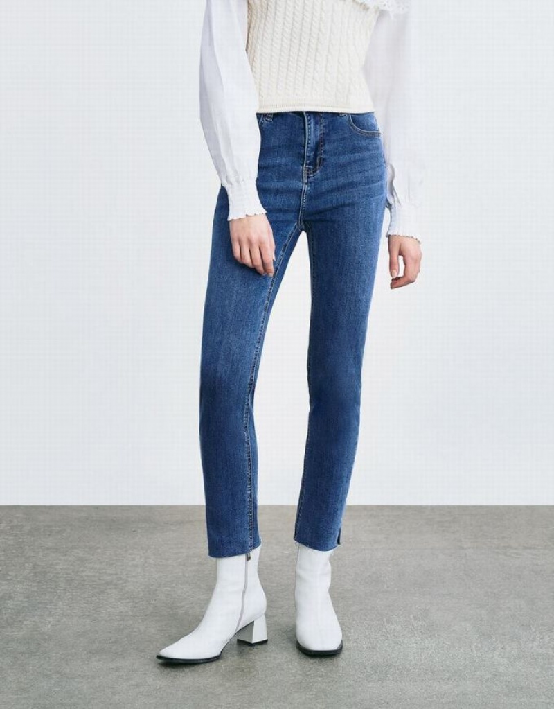 Urban Revivo Raw Hem Skinny Women's Jeans Blue | ARIEWXG-06