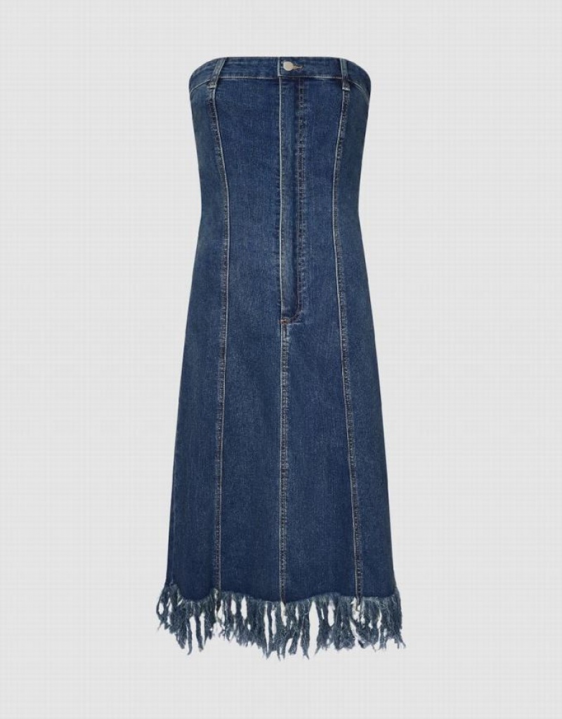 Urban Revivo Raw Hem Sleeveless Women's Denim Dress Blue | FGTEBDA-94