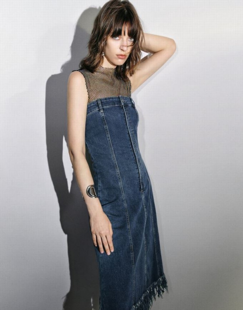 Urban Revivo Raw Hem Sleeveless Women's Denim Dress Blue | FGTEBDA-94