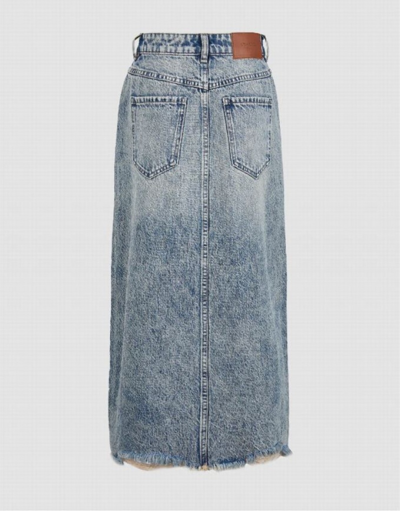 Urban Revivo Raw Hem Split A-Line Women's Denim Skirt Blue | APGICDT-01