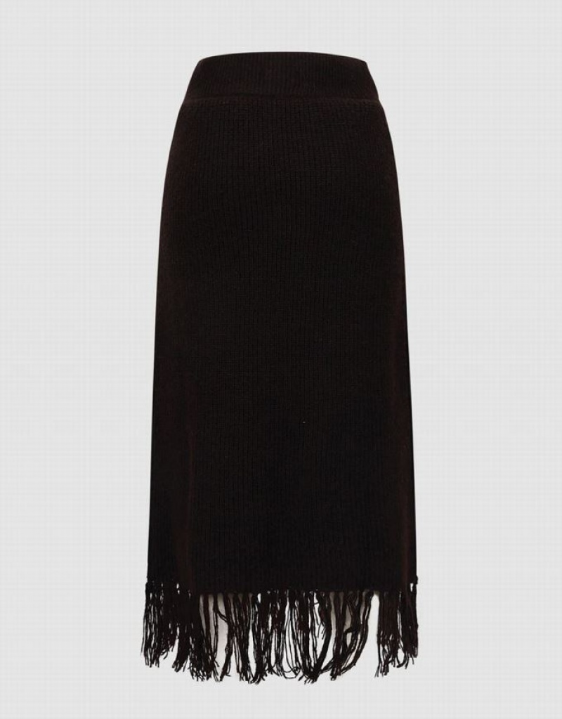 Urban Revivo Raw Hem Straight Midi Knitted Women's Skirts Dark Brown | TQXLRYD-30