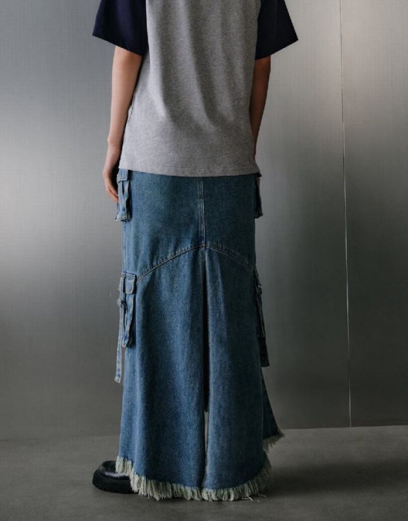 Urban Revivo Raw Hem With Pockets Women's Denim Skirt Blue | QIJEVRZ-52