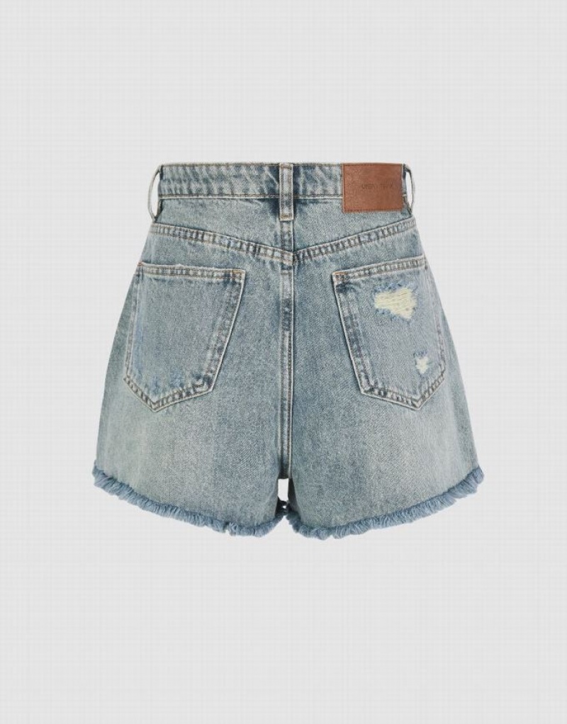 Urban Revivo Raw Hem Women's Denim Shorts Blue | HKAIQRE-30