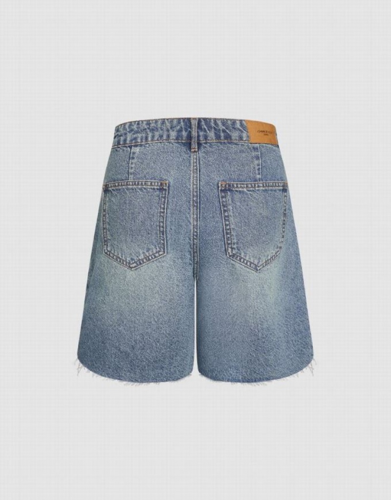 Urban Revivo Raw Hem Women's Denim Shorts Blue | ZINURSB-90