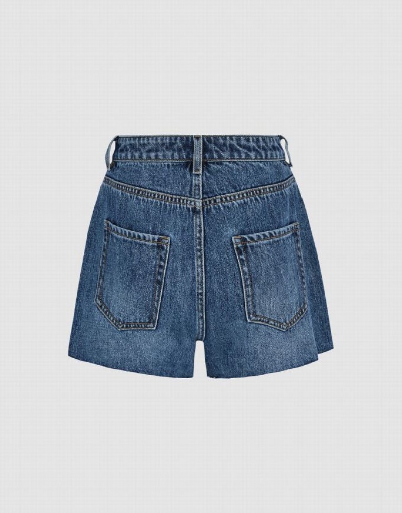 Urban Revivo Raw Hem Women's Denim Shorts Blue | NBAILUM-18