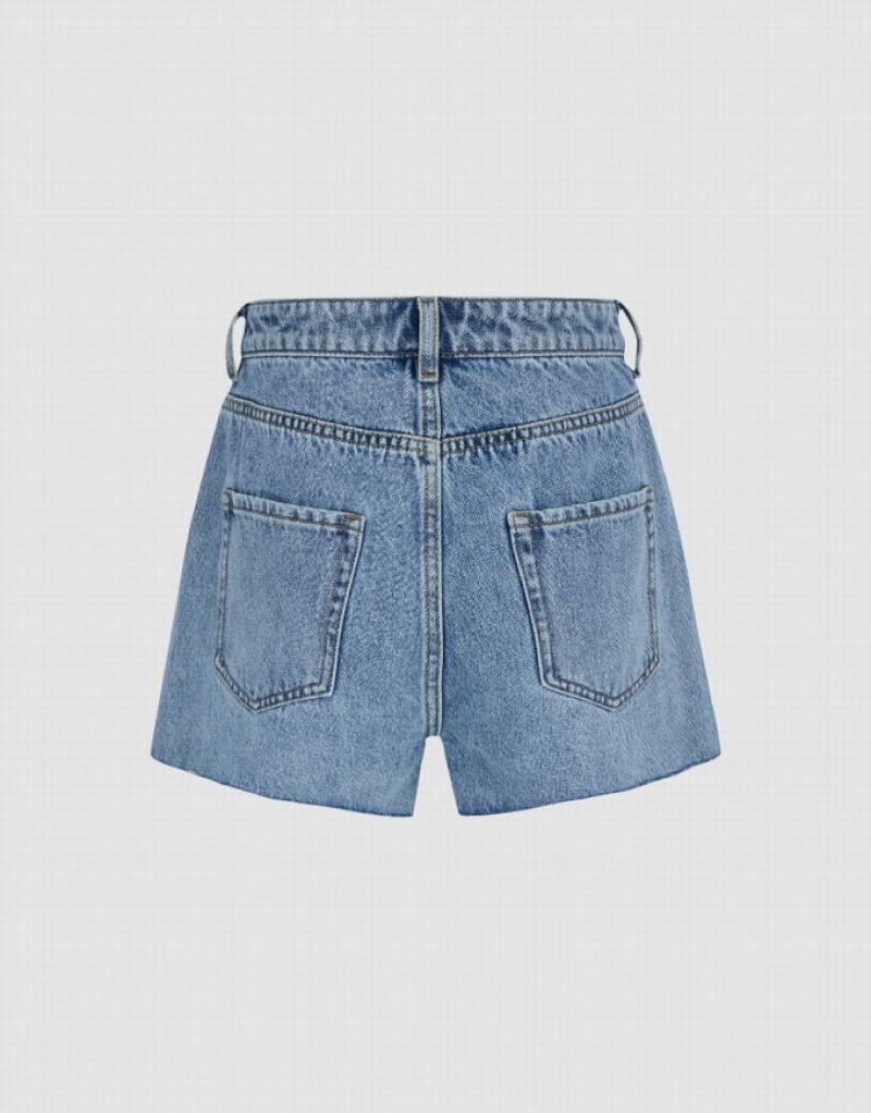 Urban Revivo Raw Hem Women's Denim Shorts Blue | GXLRKUW-40