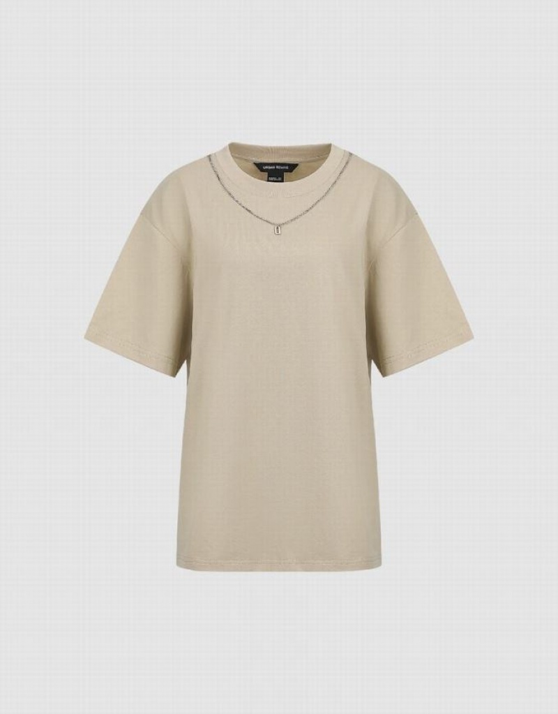 Urban Revivo Regular With Necklace Women's T-Shirts Khaki | QBLXYMU-18