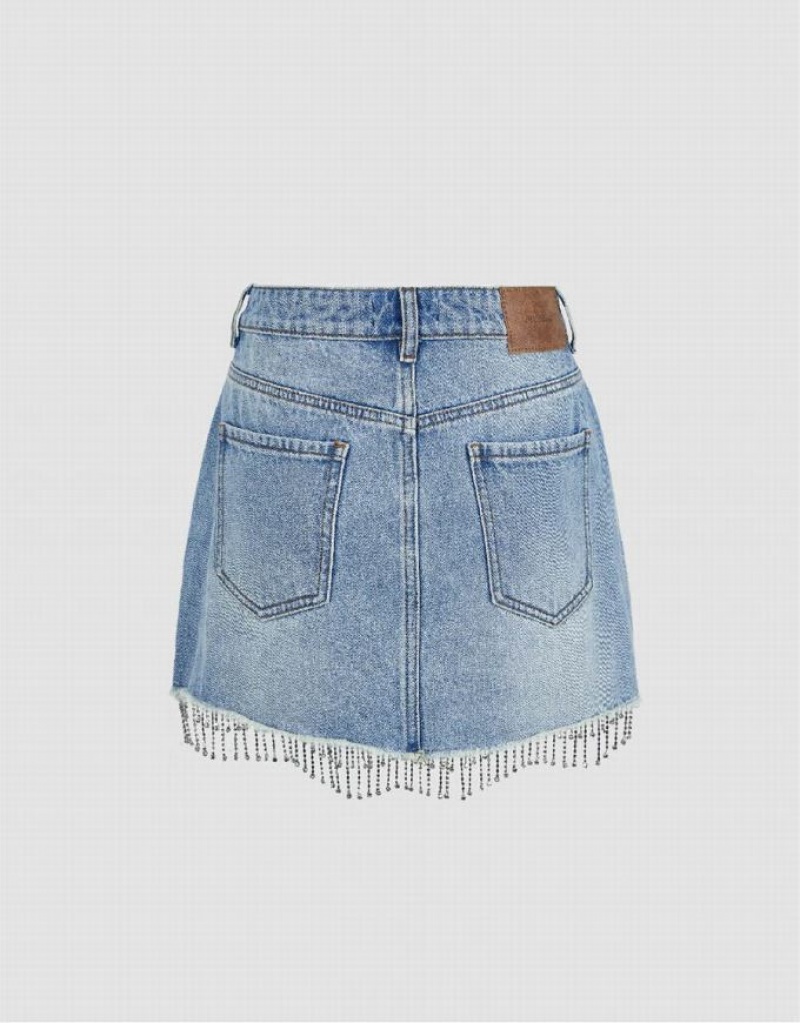 Urban Revivo Rhinestone Hem Mini Straight Women's Denim Skirt Blue | JHKMSGL-93