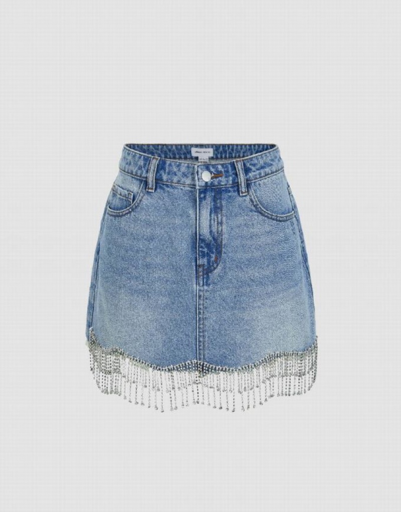 Urban Revivo Rhinestone Hem Mini Straight Women\'s Denim Skirt Blue | JHKMSGL-93