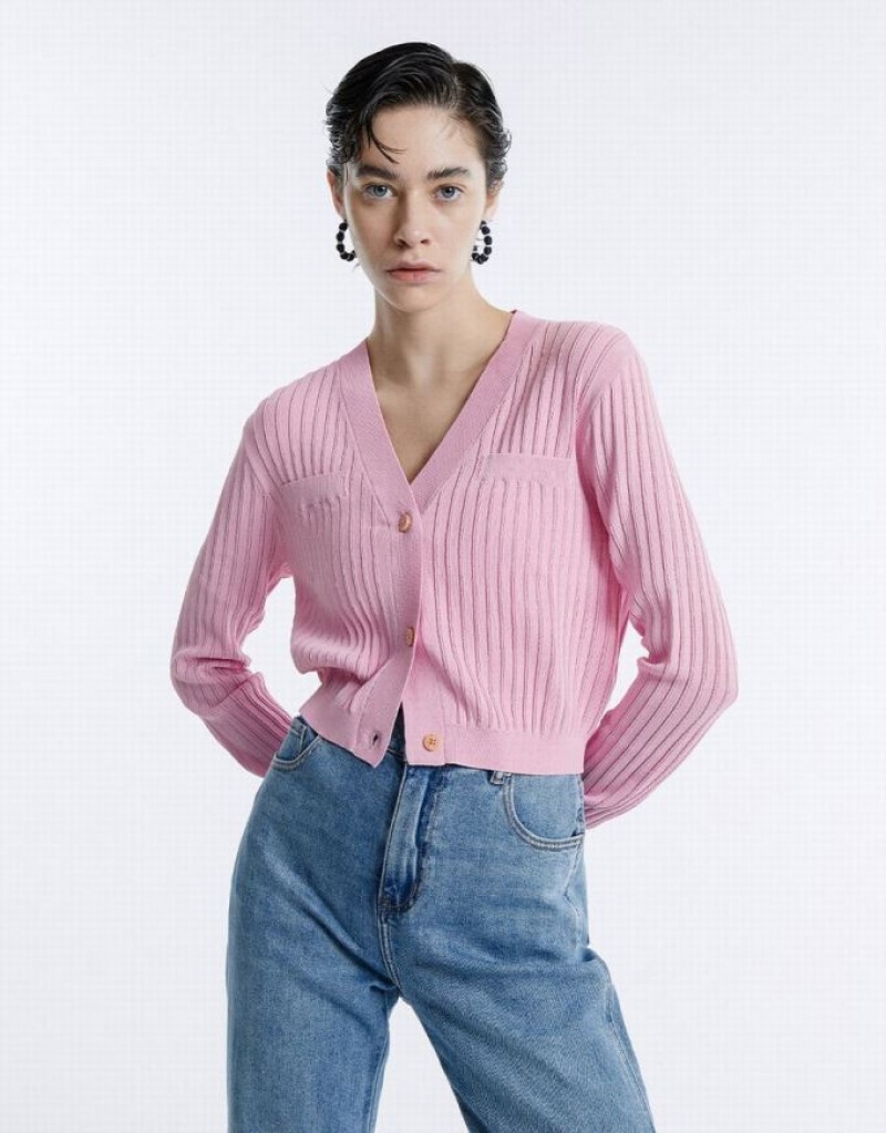 Urban Revivo Rib Knit Cropped Women's Cardigan Pink | TGVQCRW-07