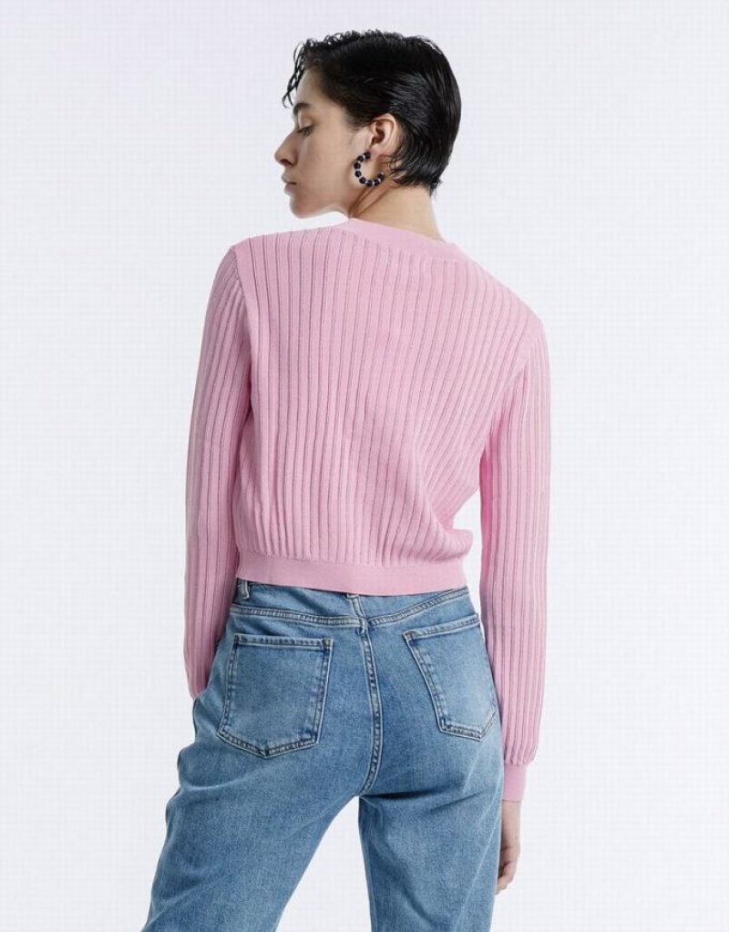 Urban Revivo Rib Knit Cropped Women's Cardigan Pink | TGVQCRW-07